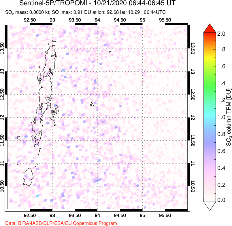 A sulfur dioxide image over Andaman Islands, Indian Ocean on Oct 21, 2020.