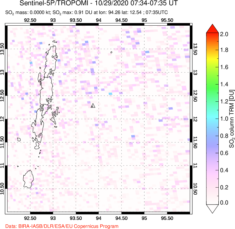 A sulfur dioxide image over Andaman Islands, Indian Ocean on Oct 29, 2020.