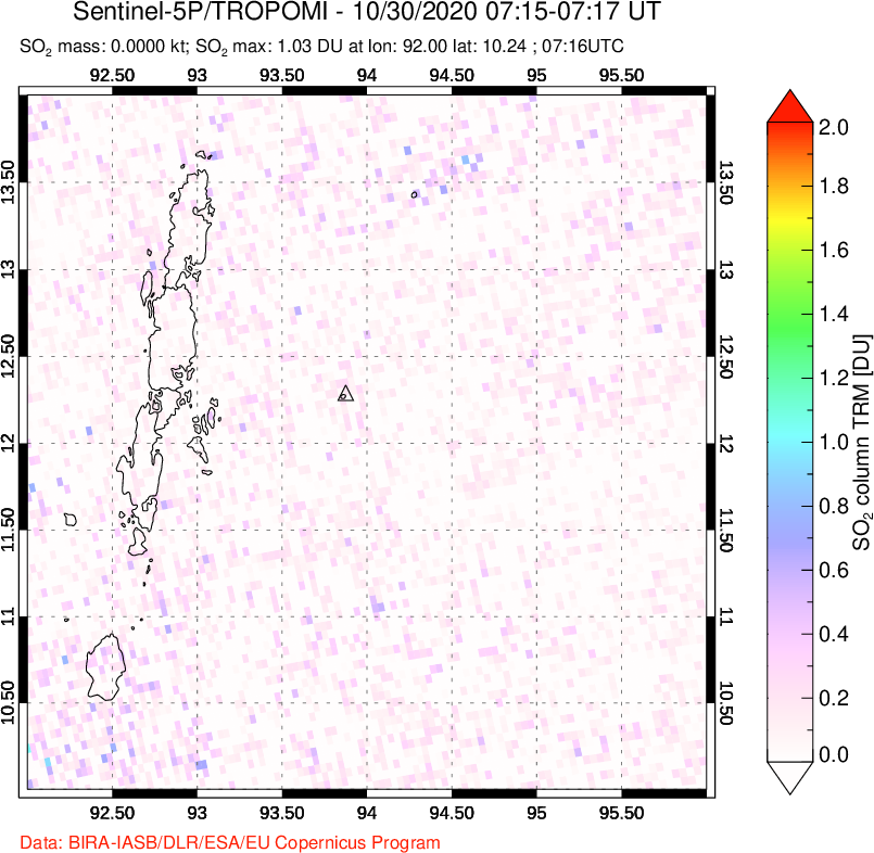 A sulfur dioxide image over Andaman Islands, Indian Ocean on Oct 30, 2020.