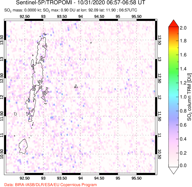 A sulfur dioxide image over Andaman Islands, Indian Ocean on Oct 31, 2020.