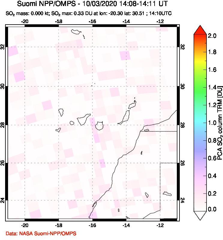 A sulfur dioxide image over Canary Islands on Oct 03, 2020.