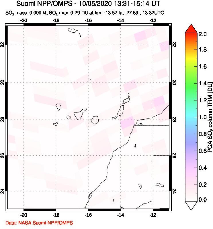 A sulfur dioxide image over Canary Islands on Oct 05, 2020.