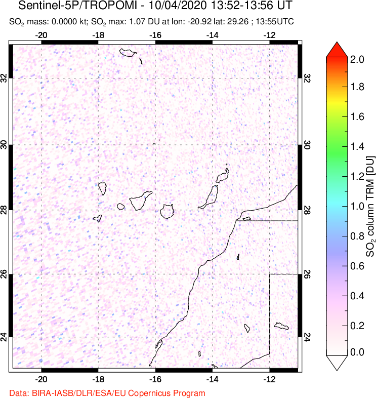 A sulfur dioxide image over Canary Islands on Oct 04, 2020.