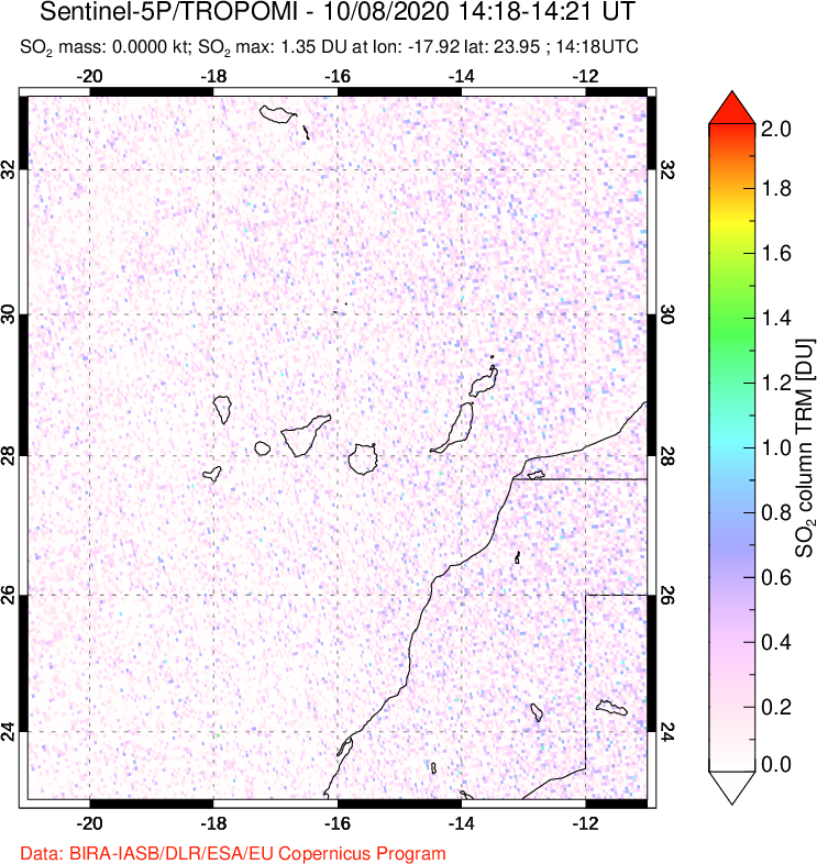 A sulfur dioxide image over Canary Islands on Oct 08, 2020.