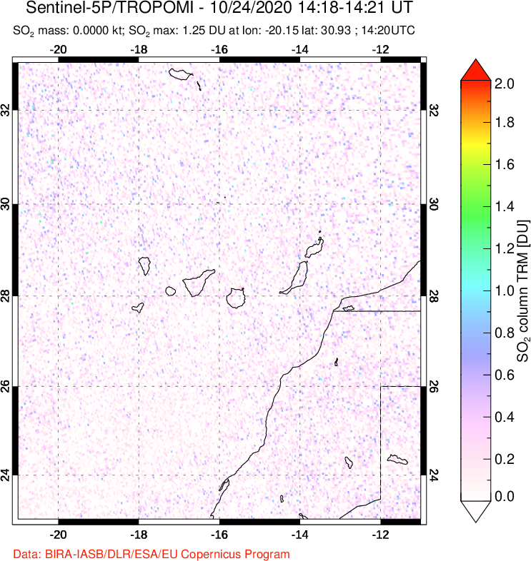 A sulfur dioxide image over Canary Islands on Oct 24, 2020.