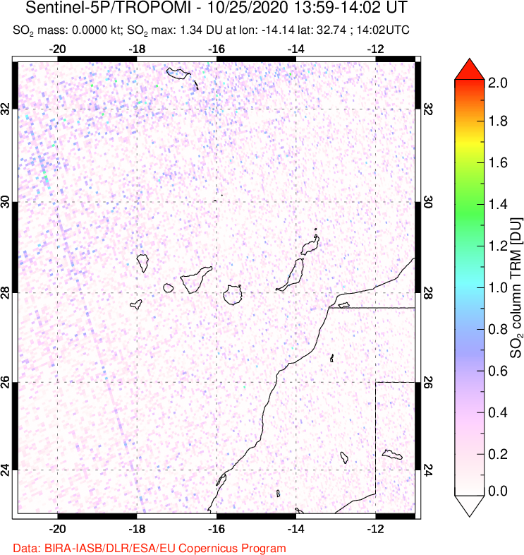 A sulfur dioxide image over Canary Islands on Oct 25, 2020.