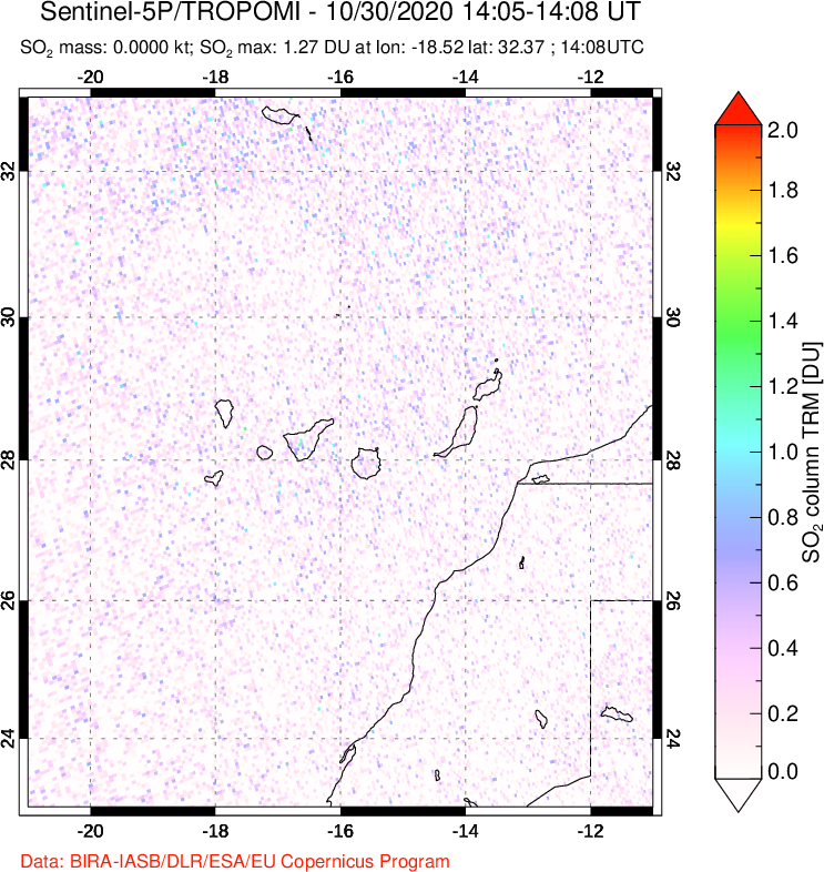 A sulfur dioxide image over Canary Islands on Oct 30, 2020.