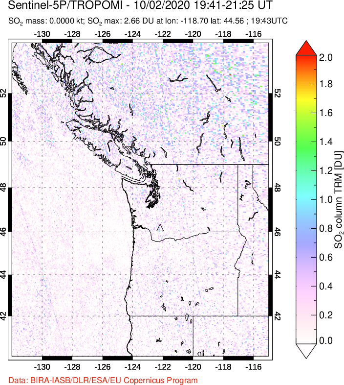 A sulfur dioxide image over Cascade Range, USA on Oct 02, 2020.