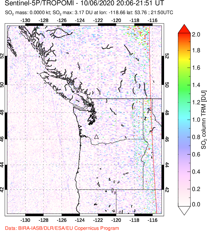 A sulfur dioxide image over Cascade Range, USA on Oct 06, 2020.
