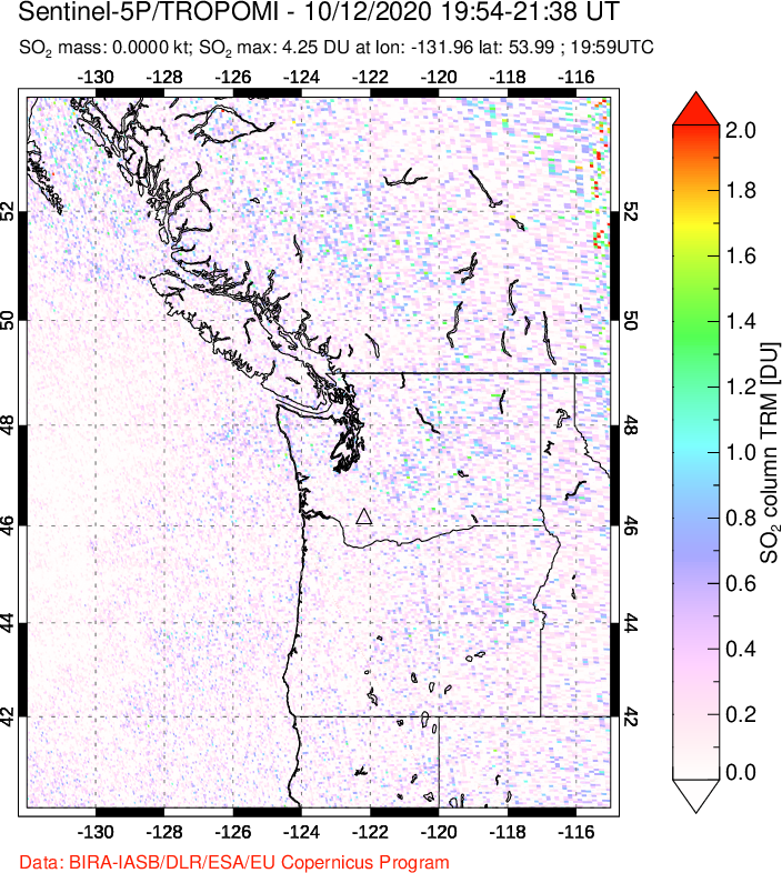 A sulfur dioxide image over Cascade Range, USA on Oct 12, 2020.