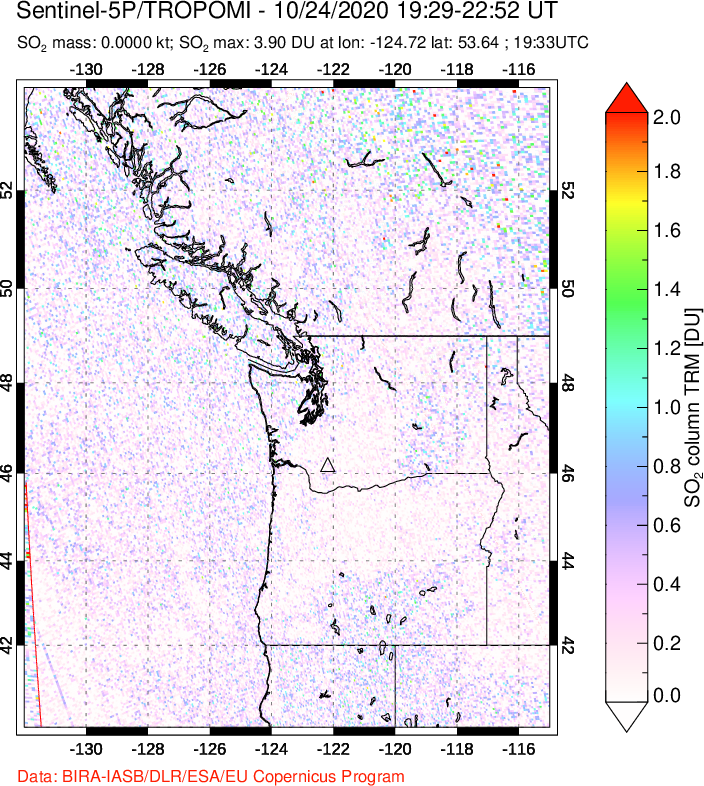 A sulfur dioxide image over Cascade Range, USA on Oct 24, 2020.