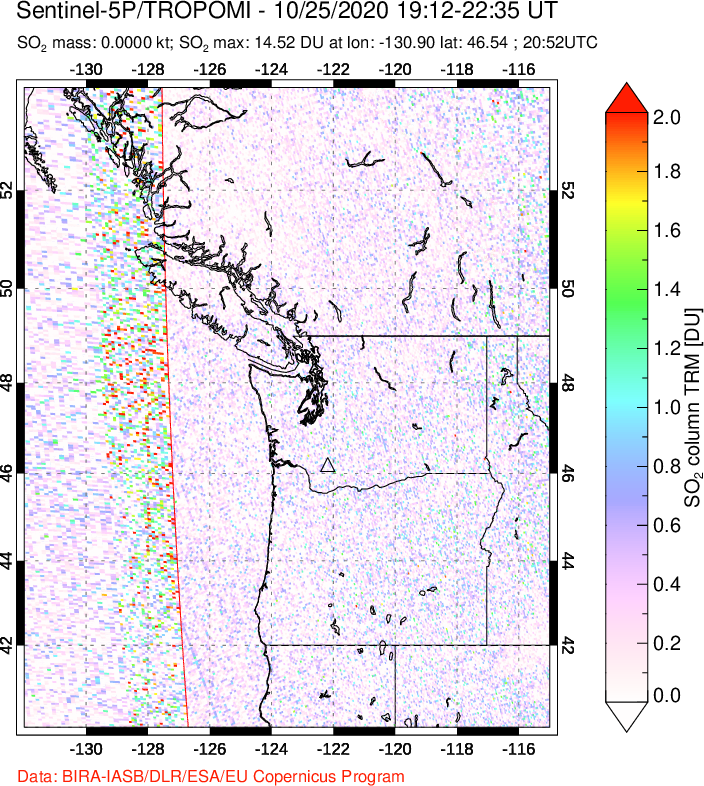 A sulfur dioxide image over Cascade Range, USA on Oct 25, 2020.