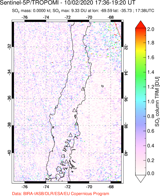 A sulfur dioxide image over Central Chile on Oct 02, 2020.