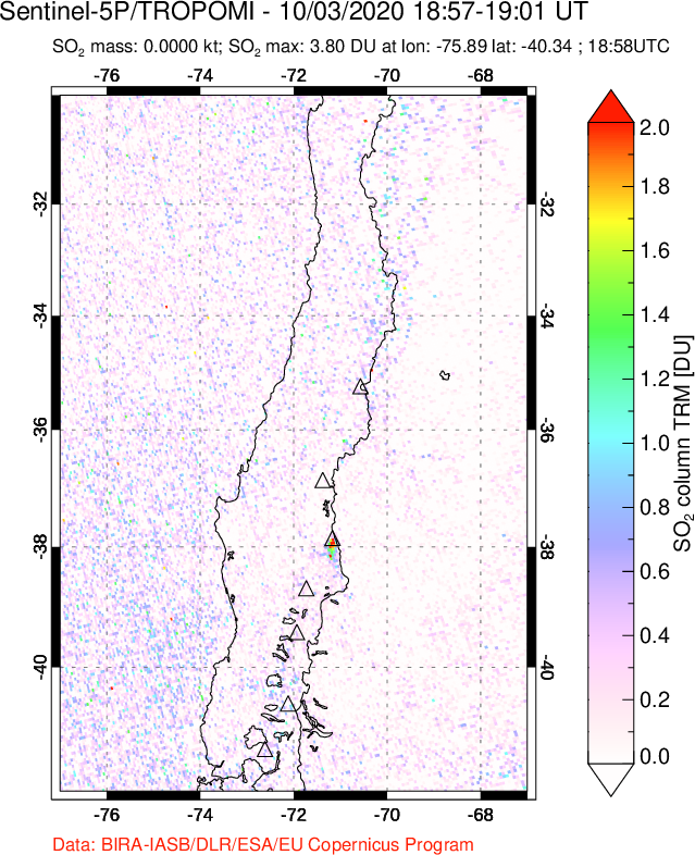 A sulfur dioxide image over Central Chile on Oct 03, 2020.