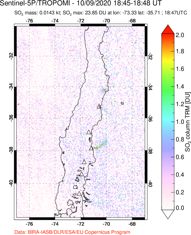 A sulfur dioxide image over Central Chile on Oct 09, 2020.