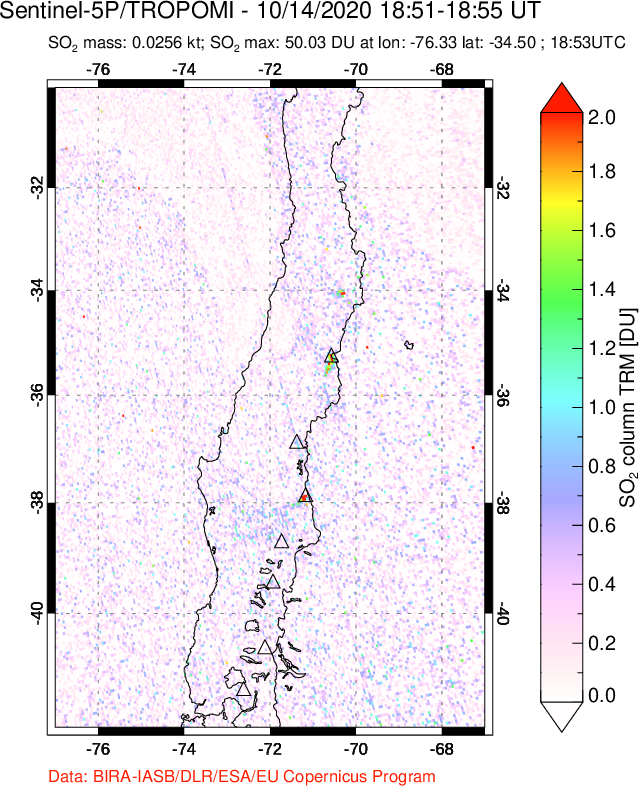 A sulfur dioxide image over Central Chile on Oct 14, 2020.