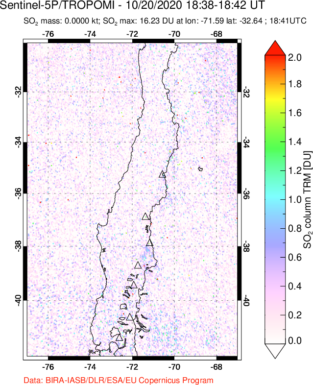 A sulfur dioxide image over Central Chile on Oct 20, 2020.