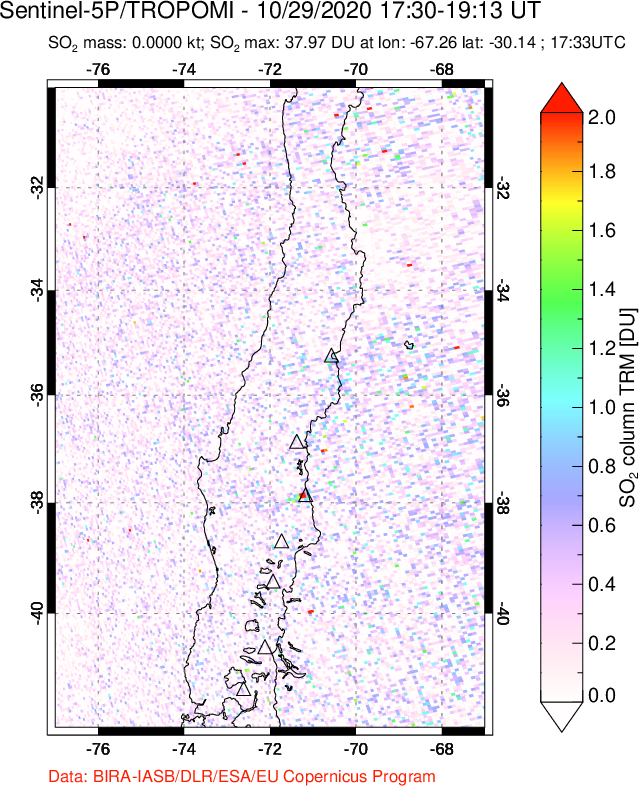 A sulfur dioxide image over Central Chile on Oct 29, 2020.