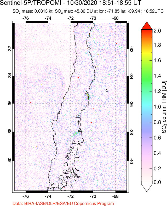 A sulfur dioxide image over Central Chile on Oct 30, 2020.