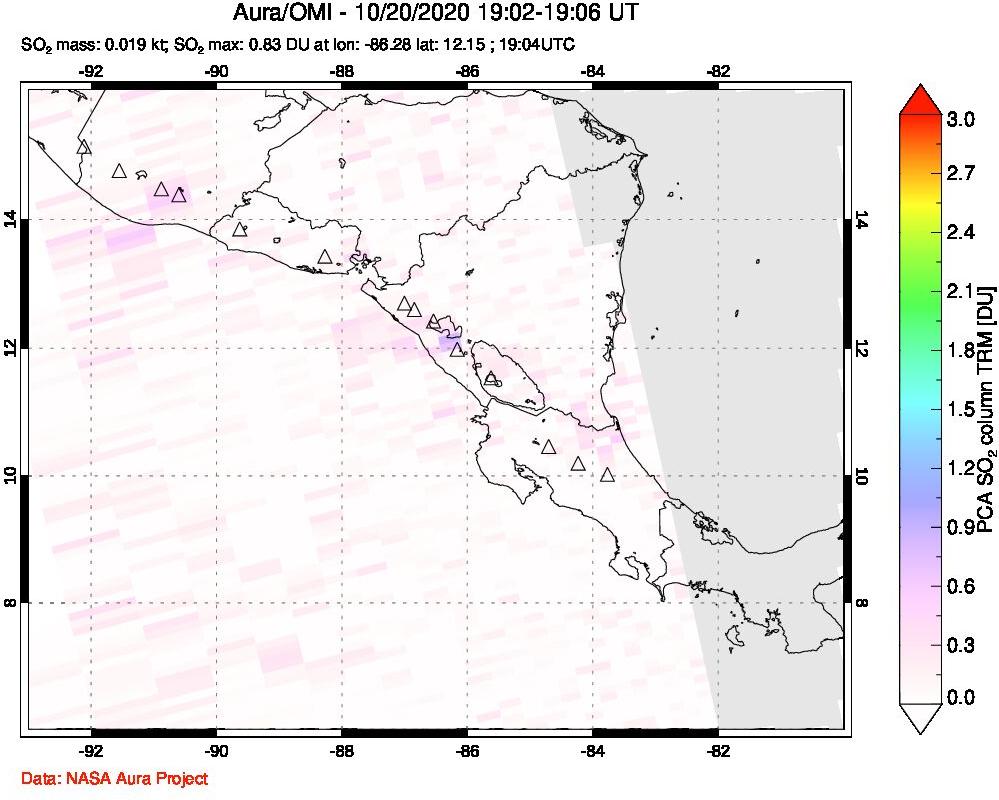 A sulfur dioxide image over Central America on Oct 20, 2020.