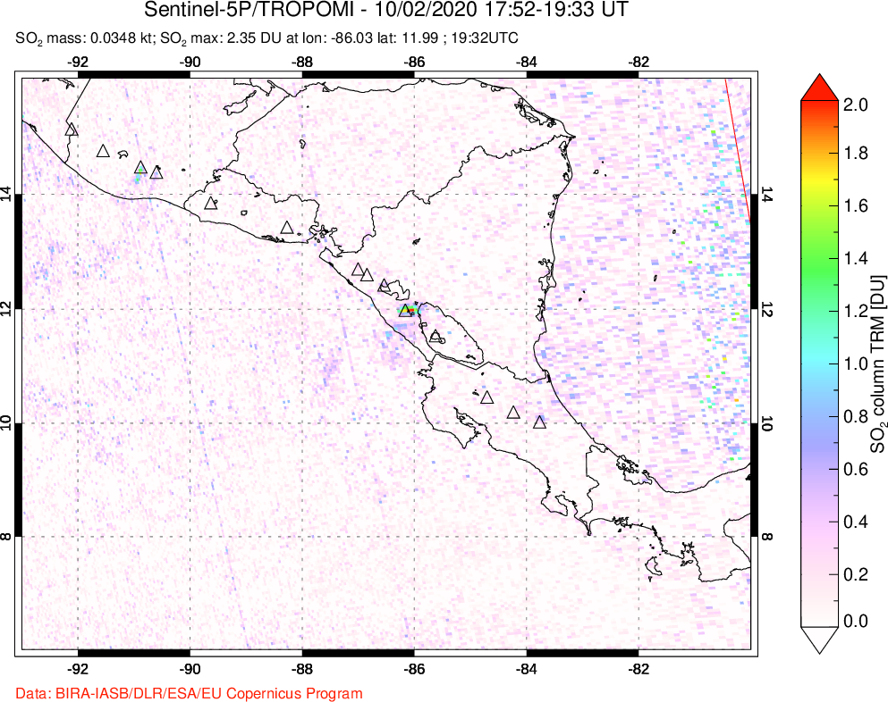 A sulfur dioxide image over Central America on Oct 02, 2020.