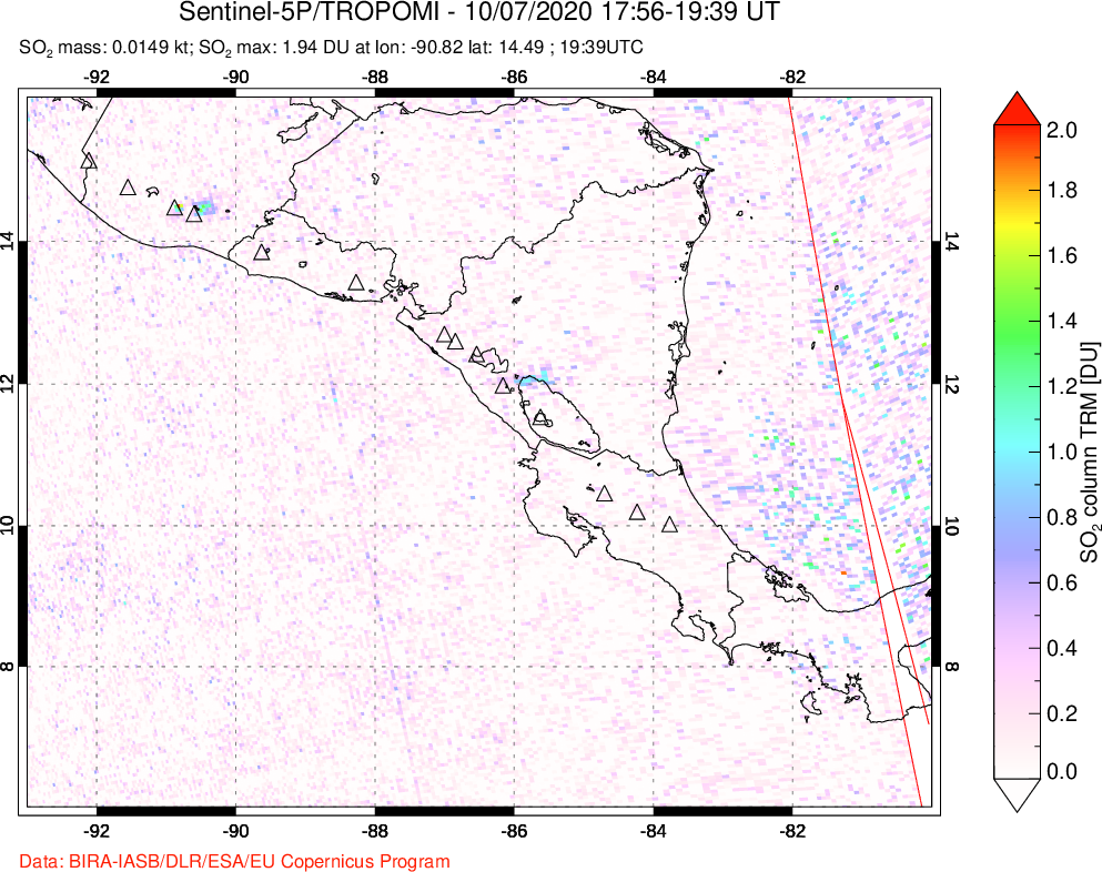 A sulfur dioxide image over Central America on Oct 07, 2020.