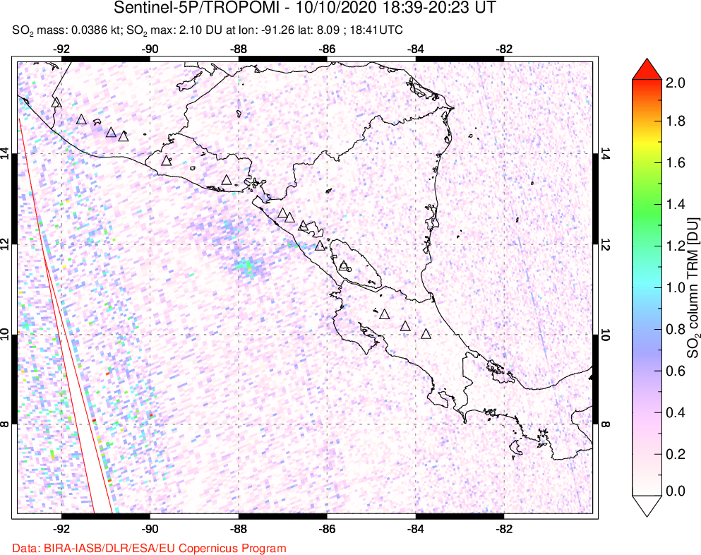 A sulfur dioxide image over Central America on Oct 10, 2020.