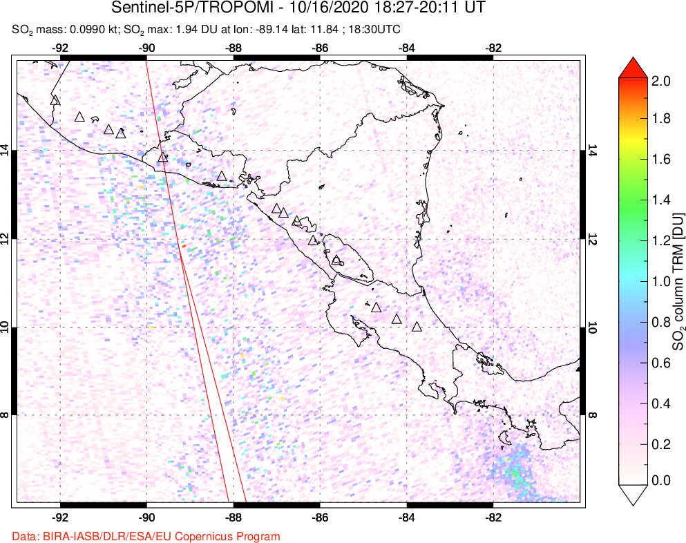 A sulfur dioxide image over Central America on Oct 16, 2020.