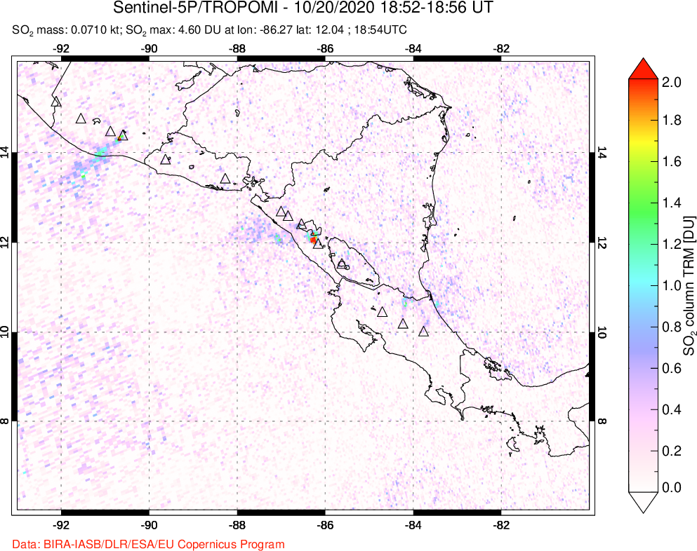 A sulfur dioxide image over Central America on Oct 20, 2020.