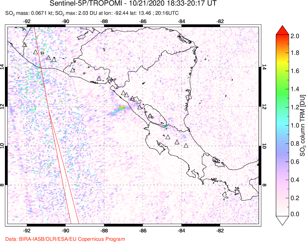 A sulfur dioxide image over Central America on Oct 21, 2020.