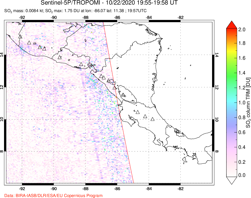 A sulfur dioxide image over Central America on Oct 22, 2020.