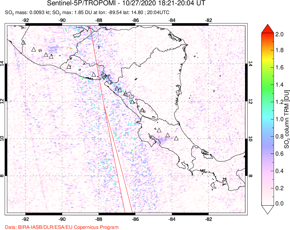 A sulfur dioxide image over Central America on Oct 27, 2020.