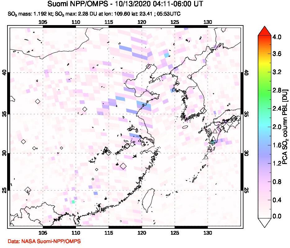 A sulfur dioxide image over Eastern China on Oct 13, 2020.