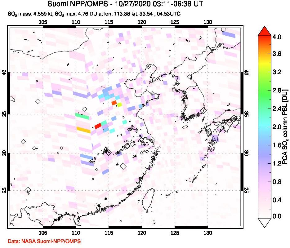 A sulfur dioxide image over Eastern China on Oct 27, 2020.