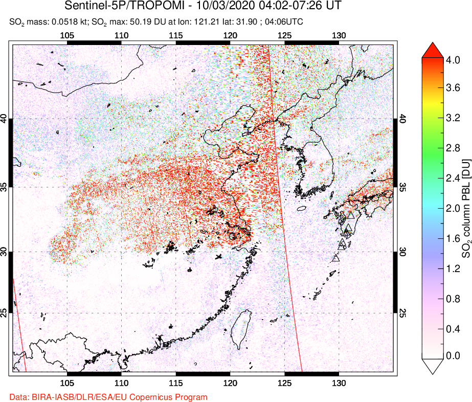 A sulfur dioxide image over Eastern China on Oct 03, 2020.