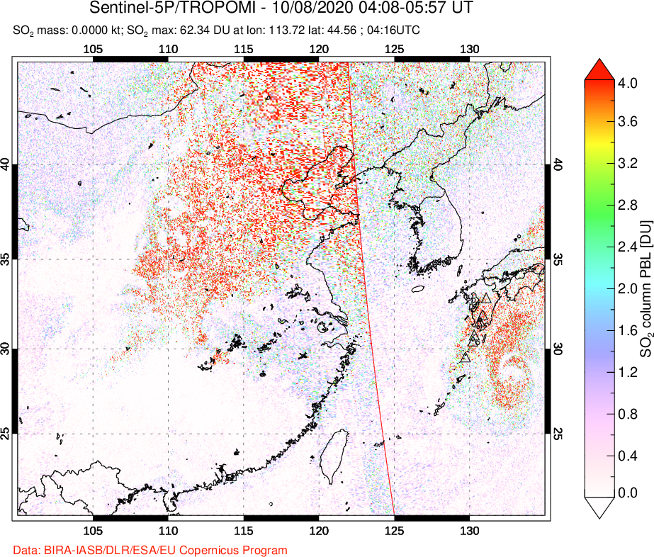 A sulfur dioxide image over Eastern China on Oct 08, 2020.