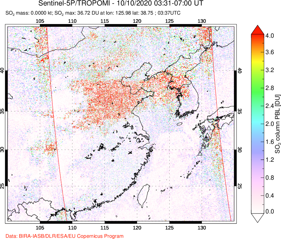 A sulfur dioxide image over Eastern China on Oct 10, 2020.