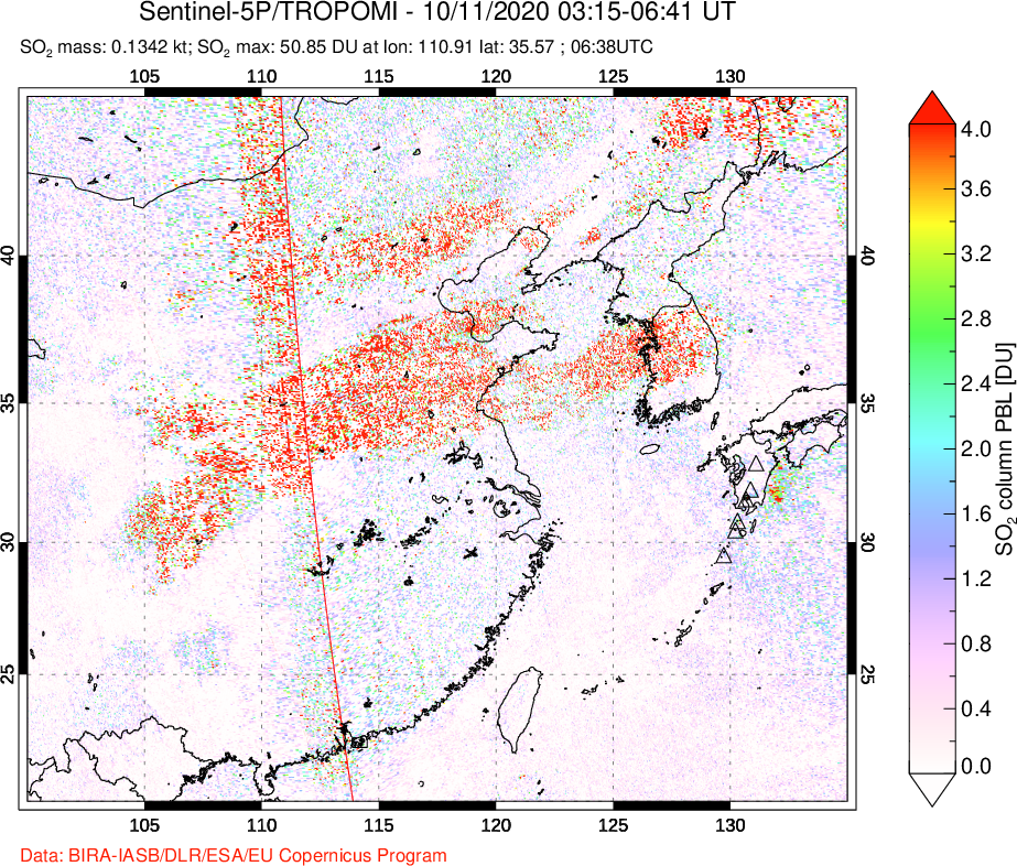 A sulfur dioxide image over Eastern China on Oct 11, 2020.