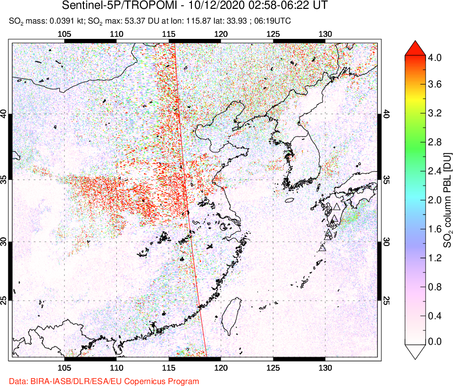 A sulfur dioxide image over Eastern China on Oct 12, 2020.