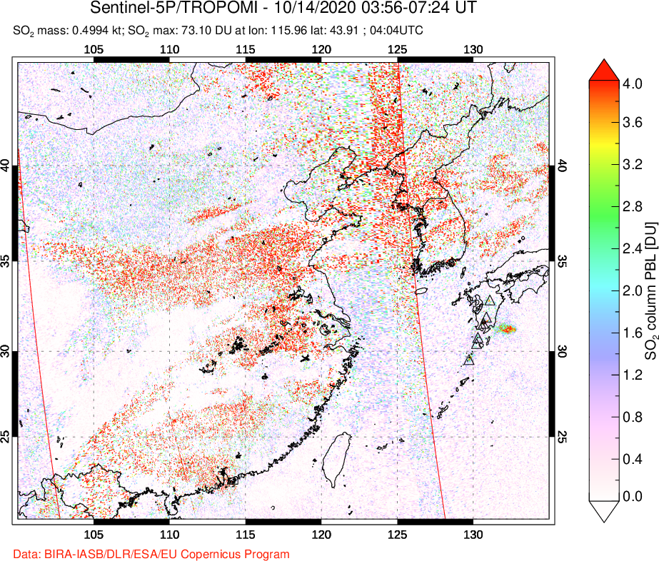 A sulfur dioxide image over Eastern China on Oct 14, 2020.