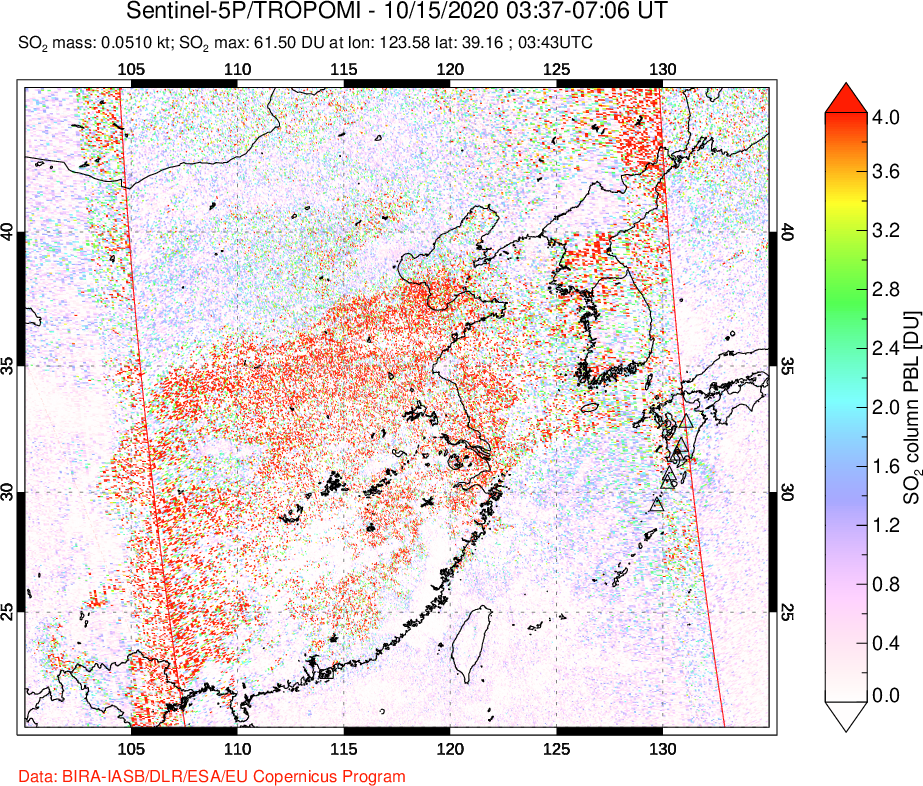 A sulfur dioxide image over Eastern China on Oct 15, 2020.