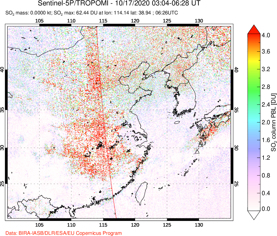 A sulfur dioxide image over Eastern China on Oct 17, 2020.