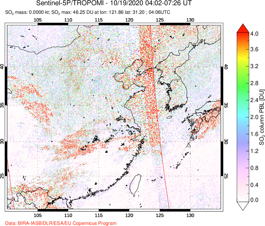 A sulfur dioxide image over Eastern China on Oct 19, 2020.