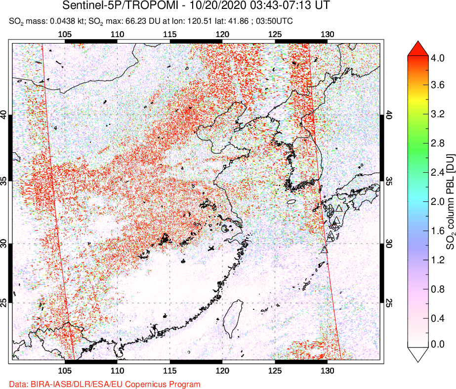 A sulfur dioxide image over Eastern China on Oct 20, 2020.