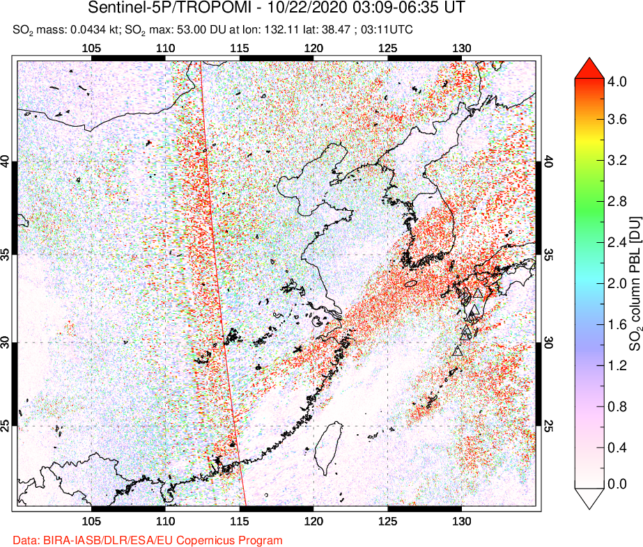 A sulfur dioxide image over Eastern China on Oct 22, 2020.
