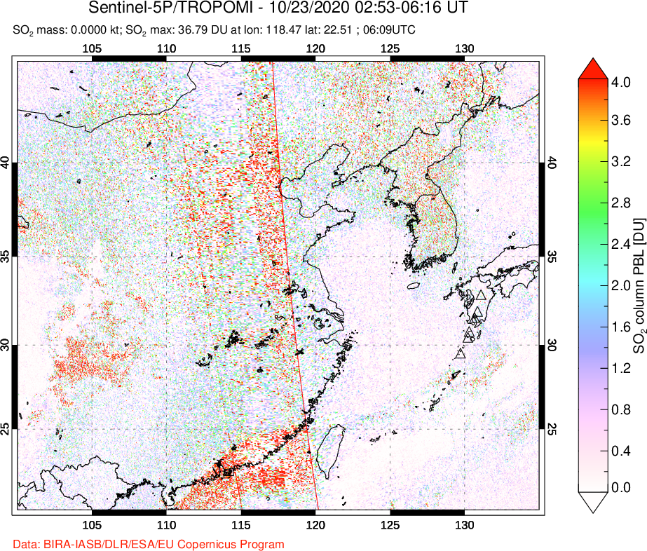 A sulfur dioxide image over Eastern China on Oct 23, 2020.