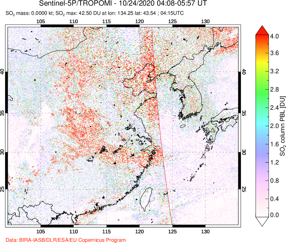A sulfur dioxide image over Eastern China on Oct 24, 2020.