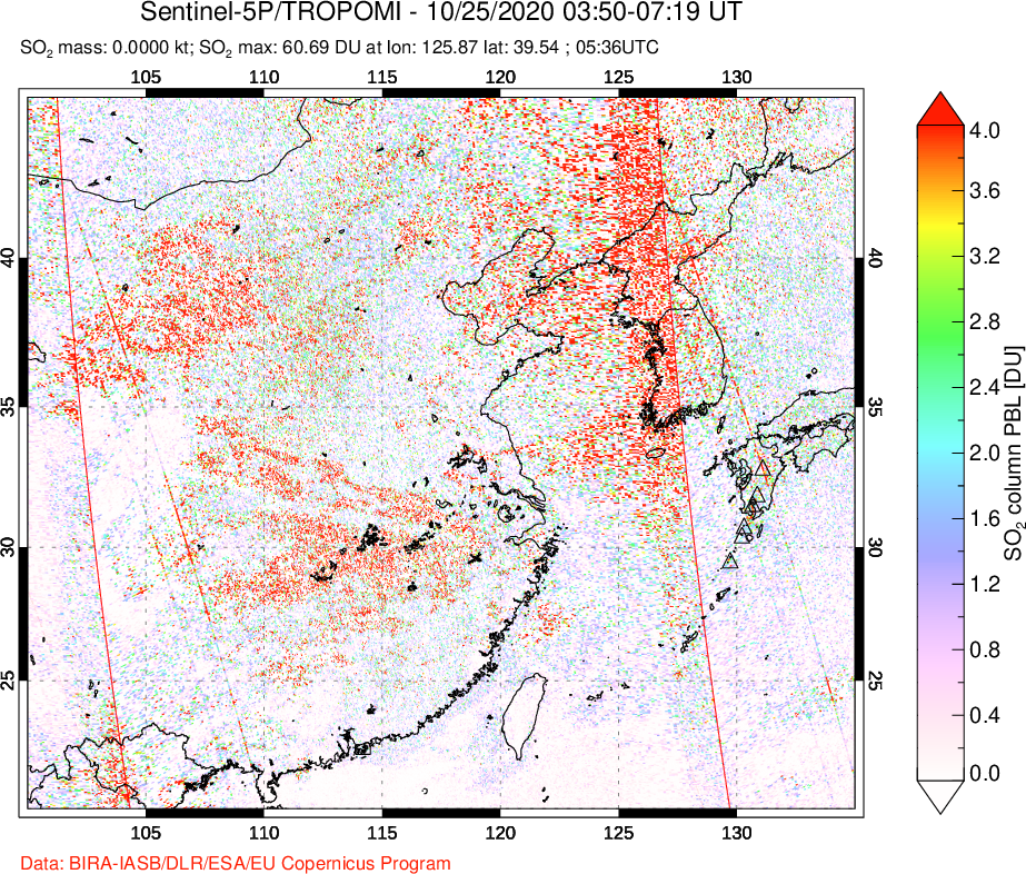 A sulfur dioxide image over Eastern China on Oct 25, 2020.