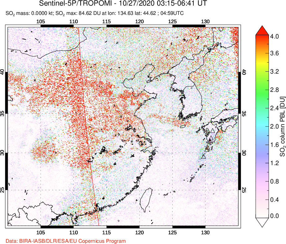 A sulfur dioxide image over Eastern China on Oct 27, 2020.