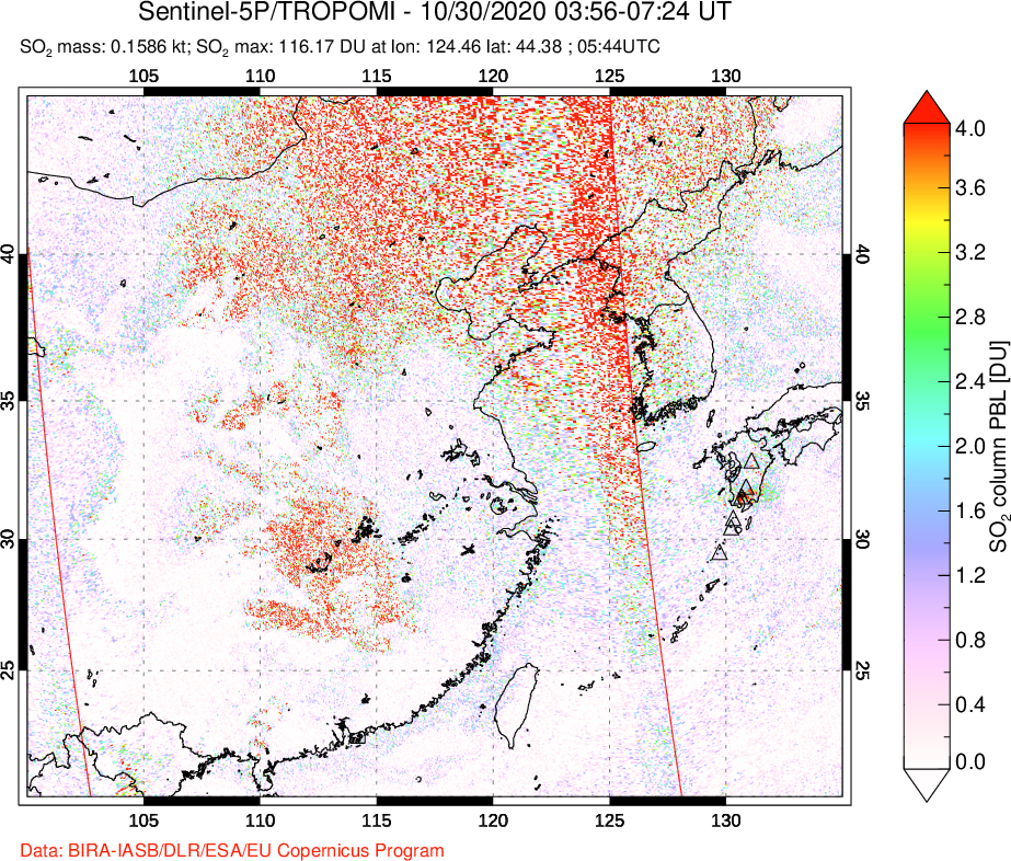 A sulfur dioxide image over Eastern China on Oct 30, 2020.